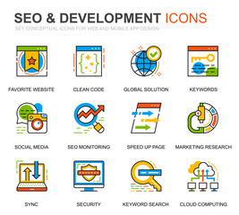 Simple Set Seo and Development Line Icons for Website and Mobile Apps. Contains such Icons as Clean Code, Data Protection, Monitoring. Conceptual color line icon. Vector pictogram pack.