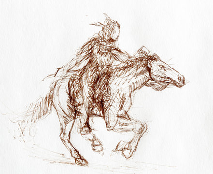 sketch of a native american man riding on a horse.