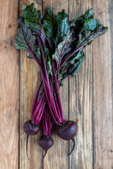 Bunch of fresh organic beetroot on wooden background