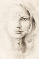 mystical woman portrait drawing with symbols, emerging from light.