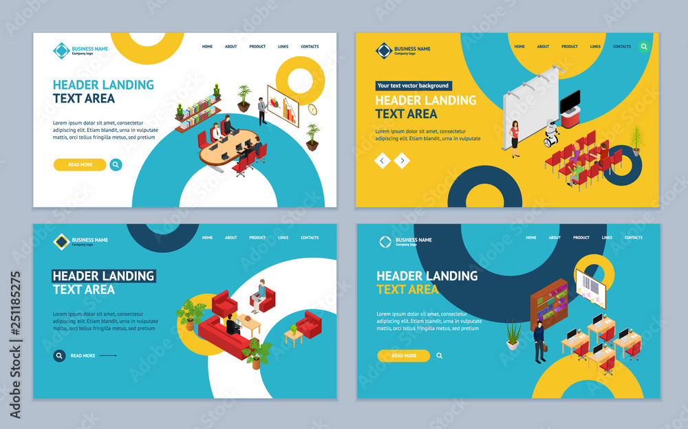 Poster office interior concept landing web page template set 3d isometric view. vector