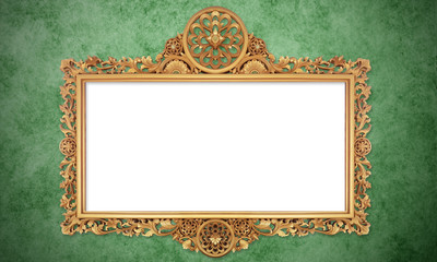 Gold Color Antique Vintage Classic Baroque Stylish Empty Photo Painting Frame in Grunge and Retro Background for Home Interior and Garden Furniture made from Wood and Metal