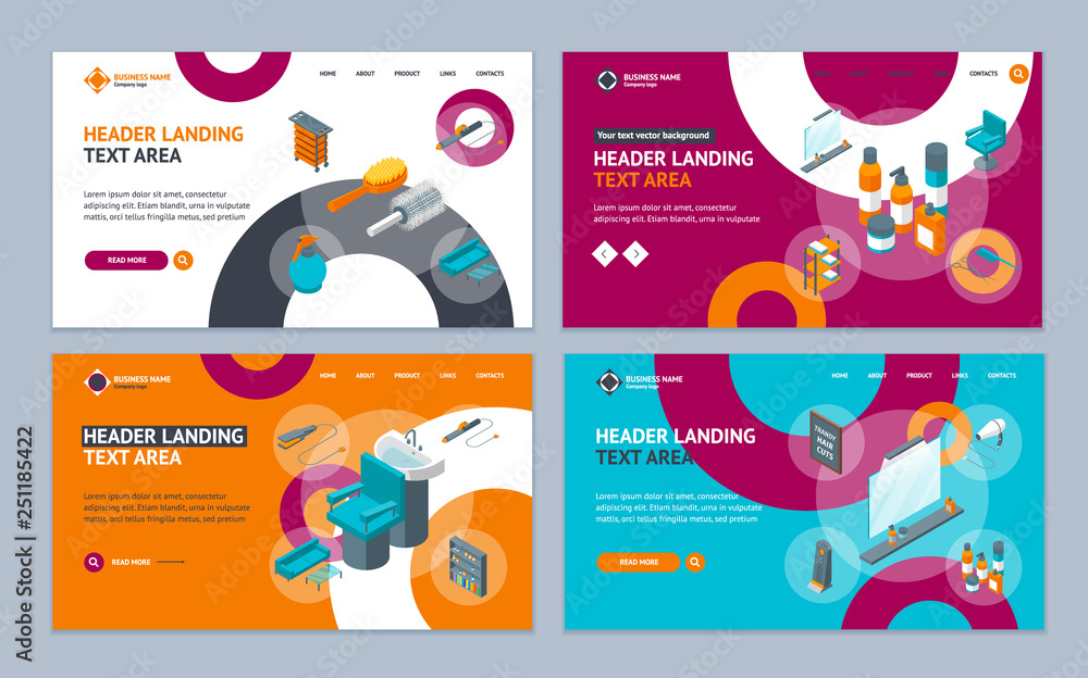 Poster barber shop landing web page template set isometric view. vector