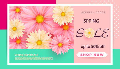 Spring sale banner template with paper spring flowers for online woman shopping, vector illustration. Spring sale. Place for your text. Vector