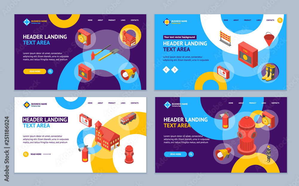 Poster firefighter man and equipment landing web page template set isometric view. vector