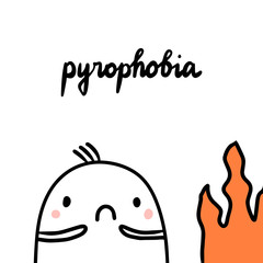 Pyrophobia hand drawn illustration with cute marshmallow and fire