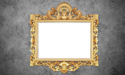Gold Color Antique Vintage Classic Baroque Stylish Empty Photo Painting Frame in Grunge and Retro Background for Home Interior and Garden Furniture made from Wood and Metal