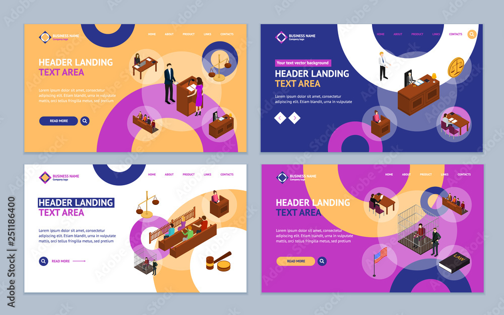 Poster court session concept landing web page template set 3d isometric view. vector