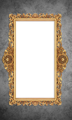 Gold Color Antique Vintage Classic Baroque Stylish Empty Photo Painting Frame in Grunge and Retro Background for Home Interior and Garden Furniture made from Wood and Metal