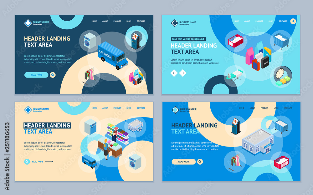 Poster laundry concept landing web page template set 3d isometric view. vector
