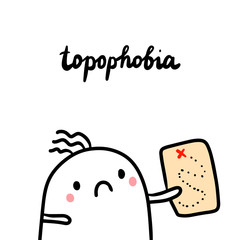 Topophobia hand drawn illustration with cute marshmallow holding map