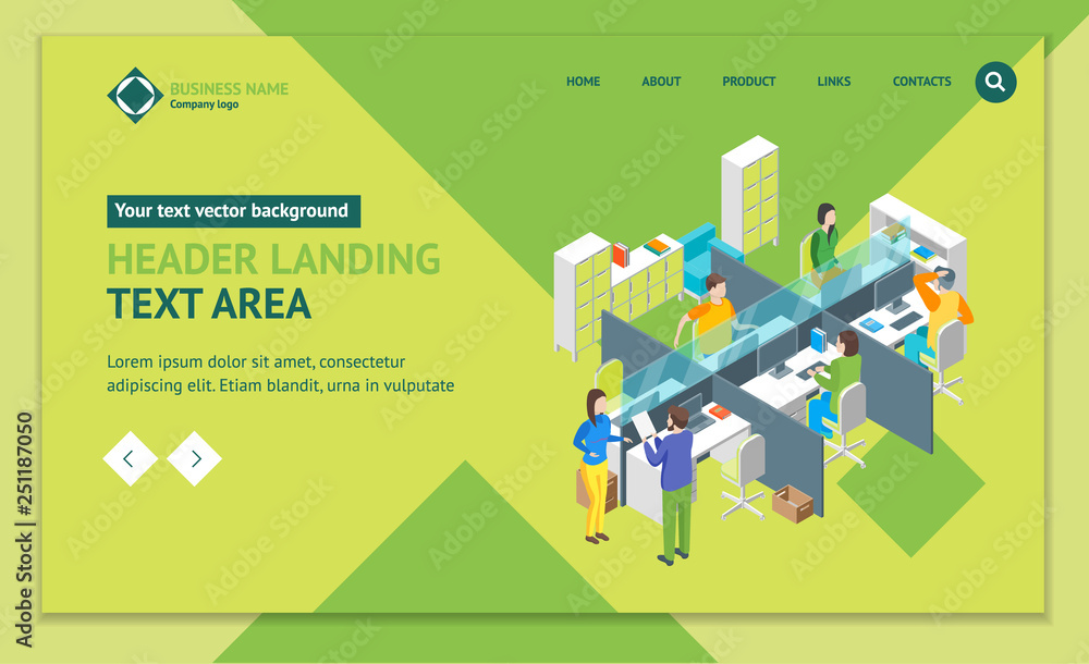 Poster Work Space Office Interior Landing Web Page Template Isometric View. Vector