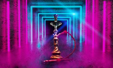 Hookah with smoke on abstract background of empty room with concrete pavement. neon light, laser...