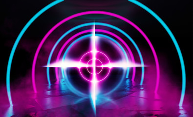 Background of an empty dark room with a concrete floor, multicolored neon circles in the center, neon light and multi-colored smoke