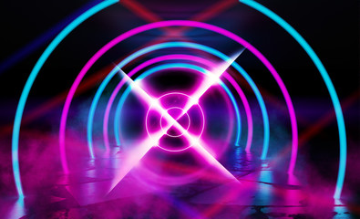 Background of an empty dark room with a concrete floor, multicolored neon circles in the center, neon light and multi-colored smoke