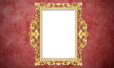 Gold Color Antique Vintage Classic Baroque Stylish Empty Photo Painting Frame in Grunge and Retro Background for Home Interior and Garden Furniture made from Wood and Metal