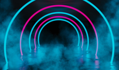Background of an empty dark room with a concrete floor, multicolored neon circles in the center, neon light and multi-colored smoke