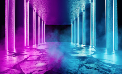 Background of empty room with columns, concrete floor, walls. Spotlight, neon light. Colorful smoke