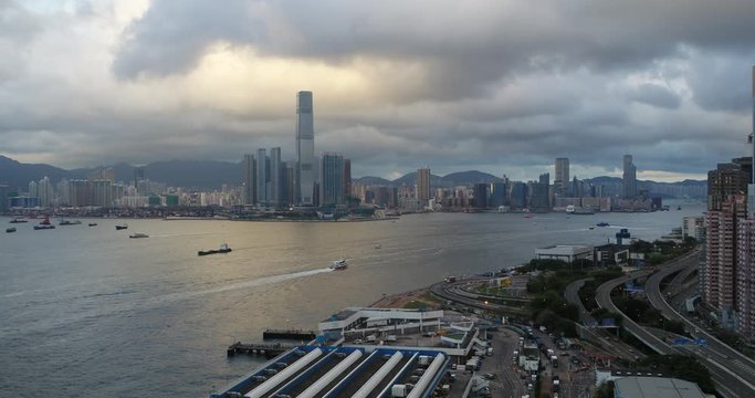Drone aerial shot of Hong Kong Kowloon side with modern skyscraper high-rises . Hong Kong is a centre of finance business in China. Asia.