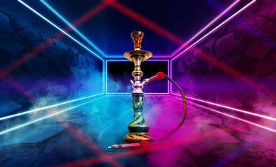 Hookah with smoke on abstract background of empty room with concrete pavement. neon light, laser multicolored figures in the center, multi-colored smoke