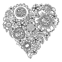 Big heart of spring flowers for coloring book. Womans day holidays design. Valentines day heart. Hand drawn decorative elements. Black and white.Vector.