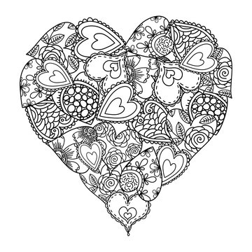 Big heart of little hearts with floral decoration for coloring book. Mothers day holidays design. Valentines day heart. Hand drawn decorative elements.  Black and white. Zentangle, Vector.