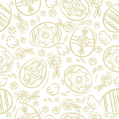 Seamless pattern with EASTER EGGS, flowers, leafs, chick. Hand-drawn decorative elements. Easter holiday design. Can be used for wallpaper, pattern fills, web page background, greeting card, vector