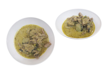 Green Curry with meat in a white bowl top and side isolated on white background with clipping path.
