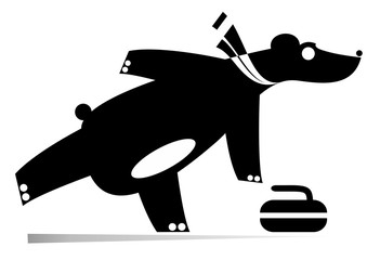 Cartoon bear plays curling black on white illustration. Bear plays curling original silhouette isolated