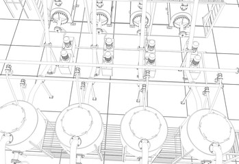 oil refinery, chemical production, waste processing plant, contour visualization, 3D illustration, sketch, outline