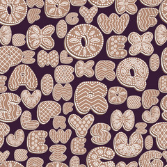 seamless background of Gingerbread letters with icing, letters of the alphabet from glaze, brown with white on a dark background, EPS 10 vector illustration