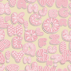 seamless background of Gingerbread letters with icing, letters of the alphabet from the glaze, pink with white on vanilla background, EPS 10 vector illustration