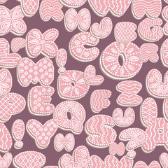 seamless background of Gingerbread letters with icing, letters of the alphabet from glaze, pink with white on purple background, EPS 10 vector illustration