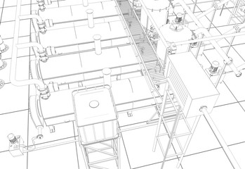 oil refinery, chemical production, waste processing plant, contour visualization, 3D illustration, sketch, outline