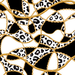 Golden chain glamour leopard cheetah seamless pattern illustration. Watercolor texture with golden chains.