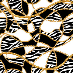 Golden chain glamour zebra seamless pattern illustration. Watercolor texture with golden chains.