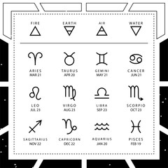Zodiac signs outline style vector set isolated on space white and black background. - 251188881