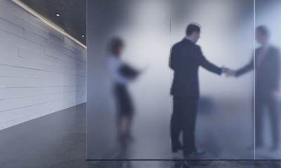 Business People Shaking Hands Behind Glass Partitions 3D Rendering