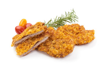 Homemade breaded pork schnitzel, close-up, isolated on white background