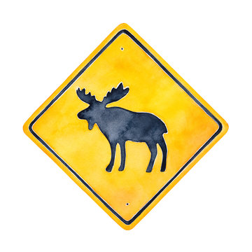 Warning road sign illustration with wild moose character silhouette. Square shape, bright yellow color with black border. Handdrawn watercolour painting, cutout element for stylish design decoration.