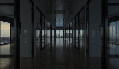 Offices with Glass Partitions in Dim Daylight 3D Rendering