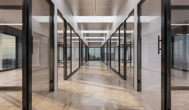Empty Offices with Glass Doors and Walls 3D Rendering