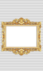 Gold Color Antique Vintage Classic Baroque Stylish Empty Photo Painting Frame in Grunge and Retro Background for Home Interior and Garden Furniture made from Wood and Metal