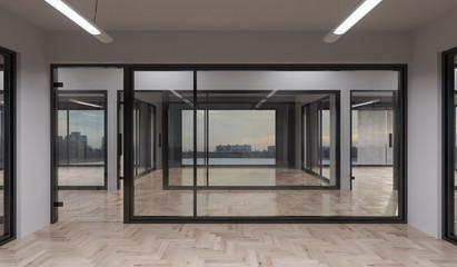 Empty Illuminated Offices with a View 3D Rendering