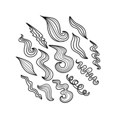 Vector set of different hair locks. Wavy and straight hair.