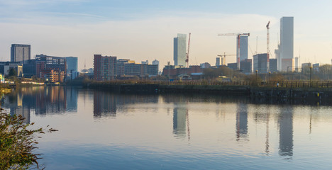 The Manchester skyline with the construction of new tall skyscraper apartments