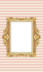 Gold Color Antique Vintage Classic Baroque Stylish Empty Photo Painting Frame in Grunge and Retro Background for Home Interior and Garden Furniture made from Wood and Metal