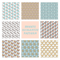 Vector set of eight sweets patterns.