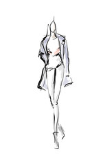 Hand-drawn fashion illustration. Stylish girl in coat. Sketch, vector