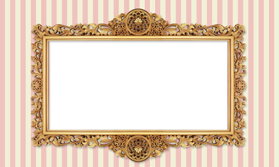 Gold Color Antique Vintage Classic Baroque Stylish Empty Photo Painting Frame in Grunge and Retro Background for Home Interior and Garden Furniture made from Wood and Metal